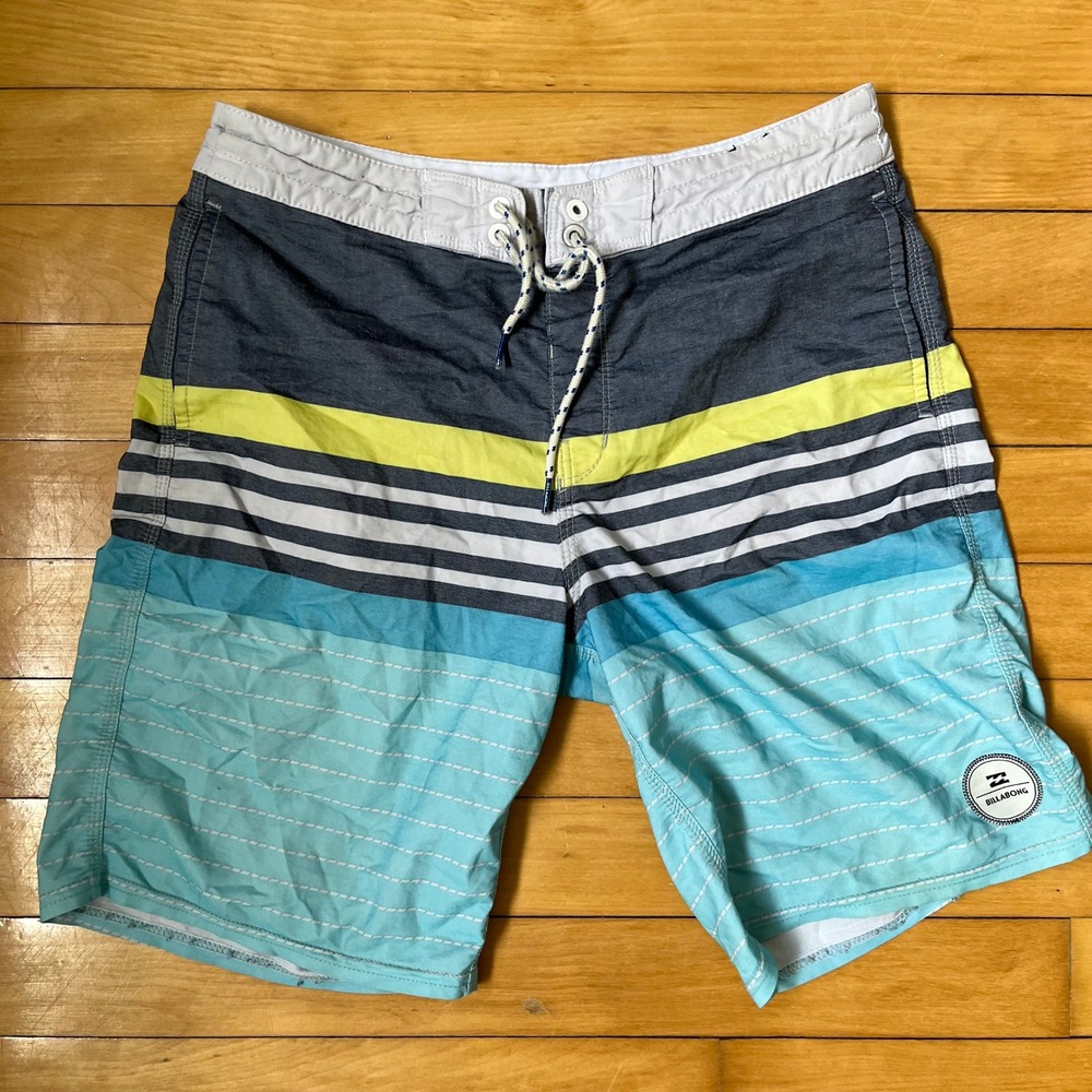 Billabong Mens Striped Board Shorts Blue Charcoal Lime Green Swim Trunks Size 28